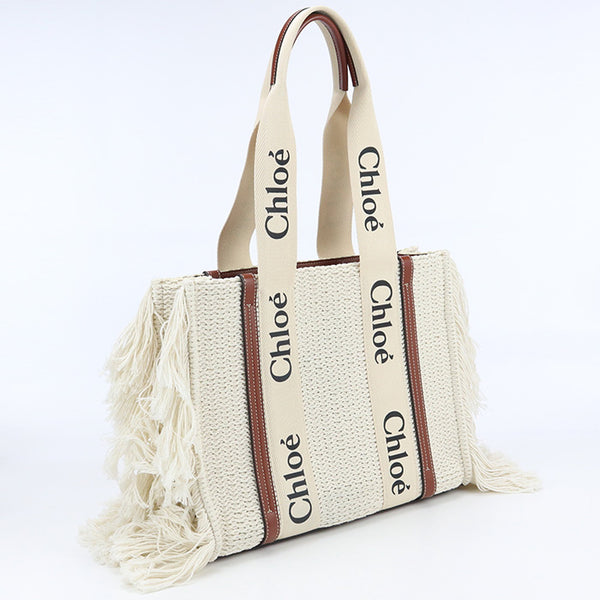 Chloe SCHC22Stainless Steel383G43 27S Medium tote Woody Tote Bag cotton white