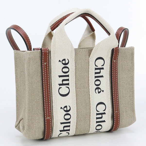 Chloe CHC22AP237I26 90U Woody 2way Mini Tote Bag/Shoulderbag Linen Beige canvas