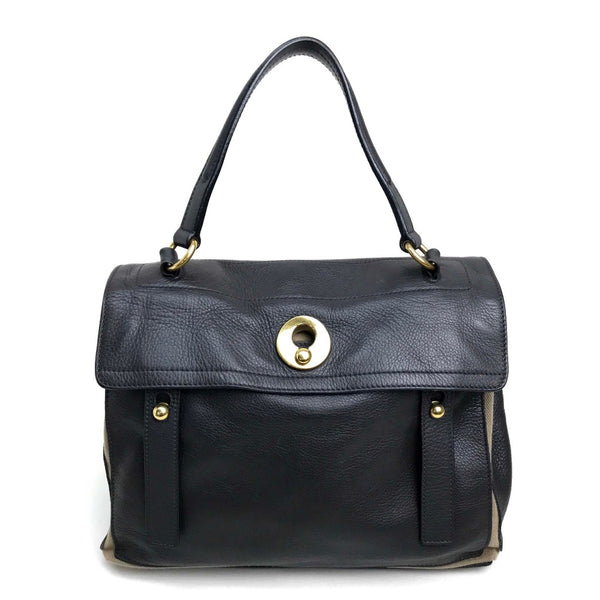 YVES SAINT LAURENT Handbag Bag Shoulder Bag Muse toe one belt Canvas / leather 229680 dark gray x beige Women Used Authentic
