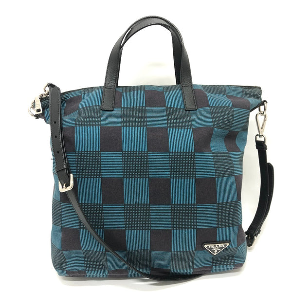 PRADA Handbag 2WAY bag Triangle logo check cotton blue Women Used Authentic