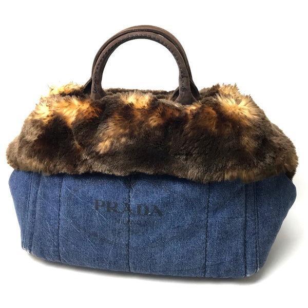 PRADA Tote Bag bag handbag Fur with bag Canapa Denim / fake fur / suede BN2182 blue Women Used Authentic