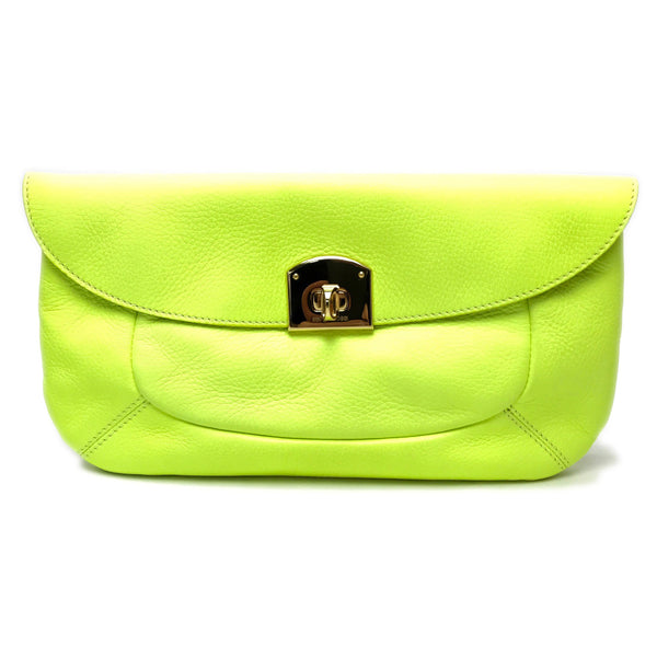 Sergio Rossi Clutch bag bag party bag Turn lock Clutch bag leather Fluorescent yellow Women Used Authentic