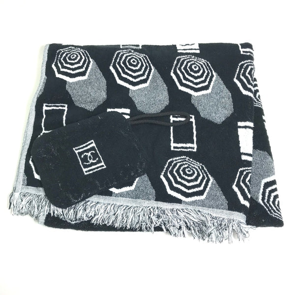 CHANEL towel Knapsack 3-piece set Drawstring bag COCO Mark bath towel pouch pile black Women Used Authentic