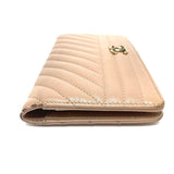CHANEL Long Wallet Purse flap Striped border COCO Mark Goatskin A82399 beige Women Used Authentic