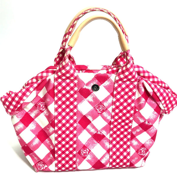 CHANEL Handbag Tote Bag Bag Check CC COCO Mark canvas pink Women Used Authentic