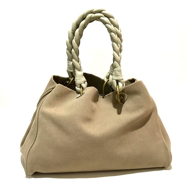 BOTTEGAVENETA Tote Bag bag shawl Shoulder Bag Braided handle Canvas / leather 195976 Beige x Ivory Women Used Authentic