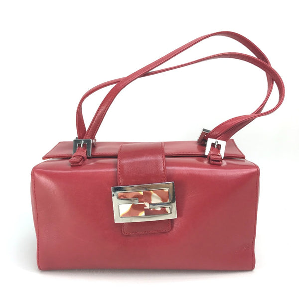 FENDI Handbag Bag BOX type FF logo marble Calf leather Red x Silver Metal Women Used Authentic
