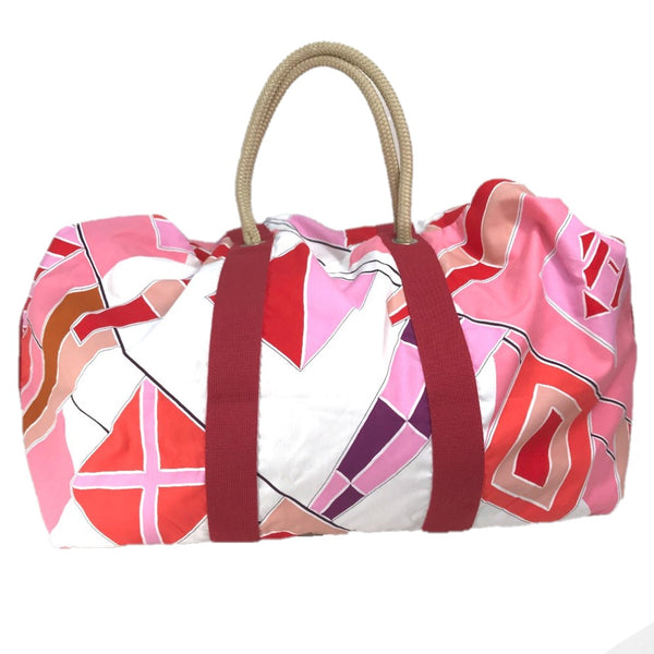 HERMES Tote Bag bag rope handle Beach bag Cabas Drapeaux au vent cotton Pink x red Women Used Authentic
