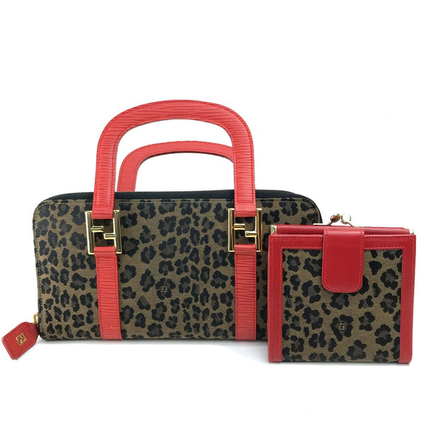 FENDI Handbag Bag purse bifold wallet Leopard Leopard Pattern Two-piece set Canvas / leather Brown x red Women Used Authentic