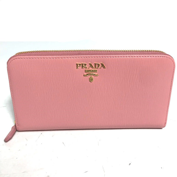 PRADA Long Wallet Purse Zip Around logo Long wallet leather pink Women Used Authentic