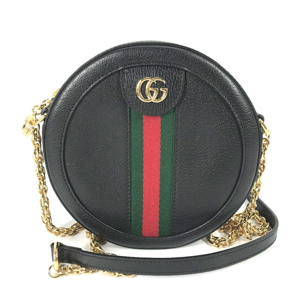 GUCCI Shoulder Bag Pochette Crossbody Chain Bag Shelly line GG Ophidia mini round leather 550618 black Women Used Authentic