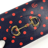 GUCCI Long Wallet Purse Shoulder Bag Crossbody Horsebit 1955 Dot Polka Dot Chain wallet leather 621892 Navy x red Women Used Authentic