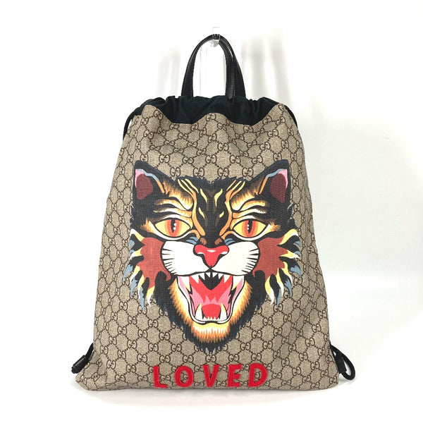 GUCCI Backpack Bag Tote Bag Knapsack GG Supreme Angry Cat Cat Drawstring backpack GG Supreme Canvas 473872 beige mens Used E-240119-11 100% authentic