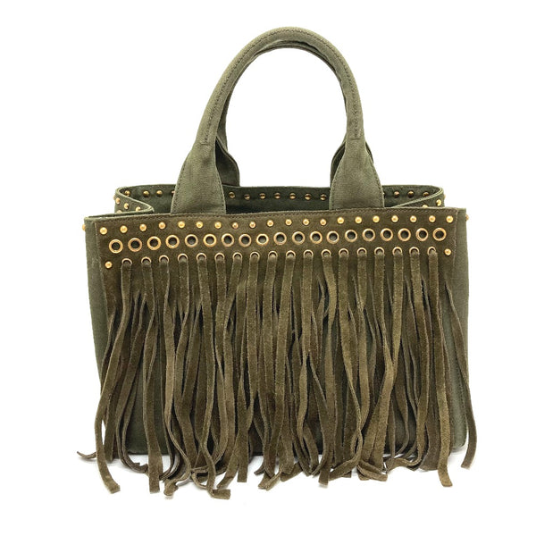 PRADA Tote Bag Bags Handbags Fashion Accessories With logo Canapa fringe canvas BN2447 khaki Women Used Authentic