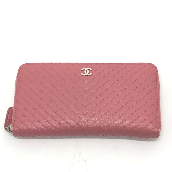 CHANEL Long Wallet Purse V chevron CC COCO Mark Wallet Caviar skin A50097 pink Women Used Authentic