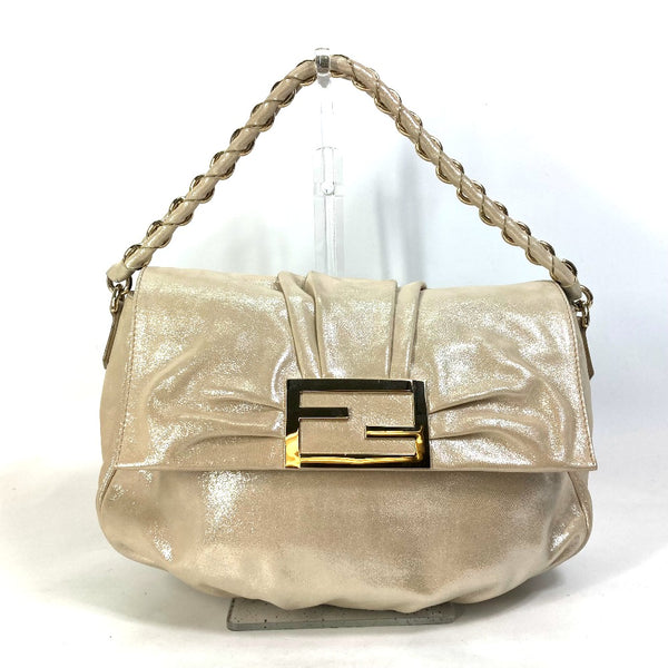 FENDI Shoulder Bag Chain one belt FF logo bag shoulder bag metallic Mia suede 8BR614 beige Women Used Authentic