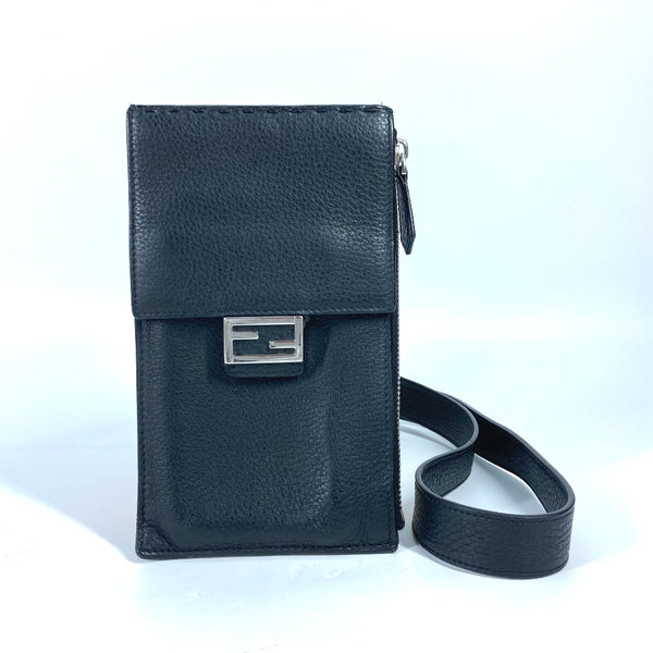 FENDI Shoulder Bag phone pouch bag Crossbody pochette logo leather 7AS034 black mens Used Authentic