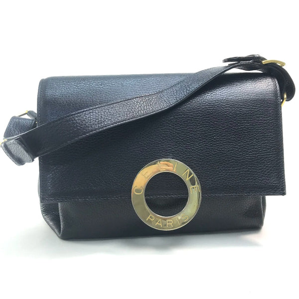 CELINE Handbag Kaban One Shoulder Bag vintage Circle logo leather Black x Gold Metal Women Used Authentic
