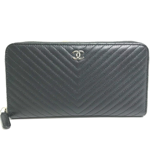 CHANEL Long Wallet Purse Long wallet Zip Around CC COCO Mark V stitch quilting Caviar skin A50097 black Women Used Authentic