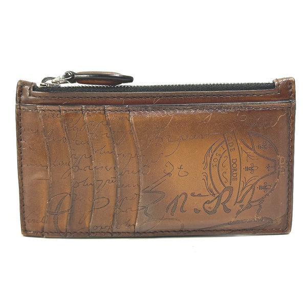 Berluti Card Case With key ring calligraphy graffiti Card holderCoin case leather Brown mens Used Authentic