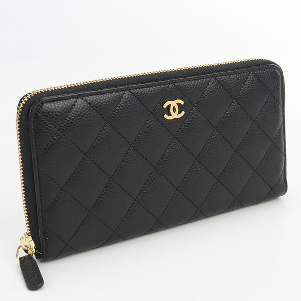 CHANEL A50097 Long wallet Zip around wallet Matrasse Caviar skin Black Women