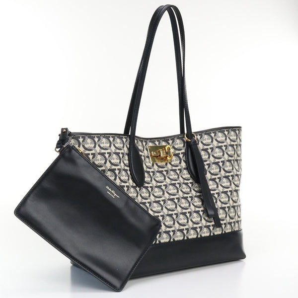 FERRAGAMO 21-H663 Hand Bag Tote Bag cotton/leather woman Black gray