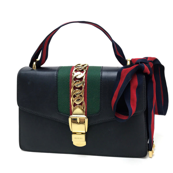 GUCCI Shoulder Bag Bag Sherry line Silvi Small Ribbon leather 421882 black Women Used Authentic